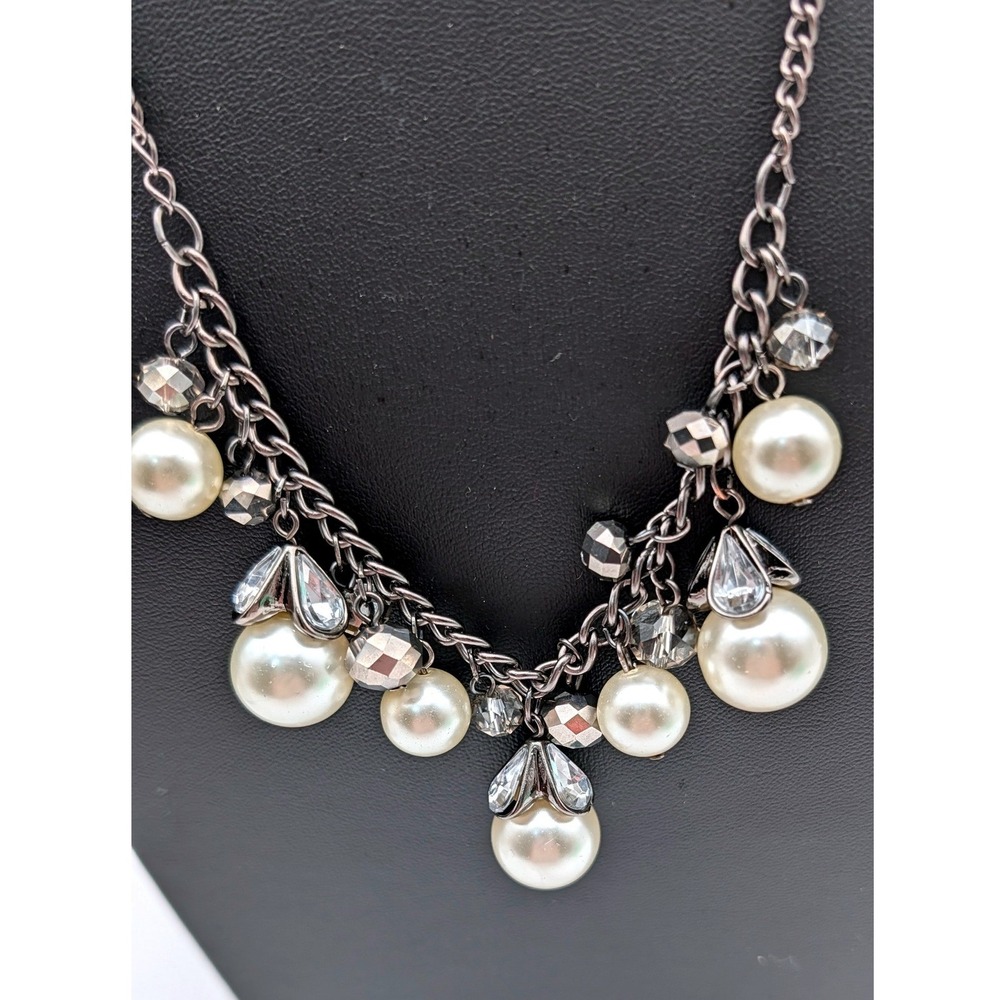 White House Black Market Gunmetal Faux Pearl Crystal Bib Necklace Gray Silver